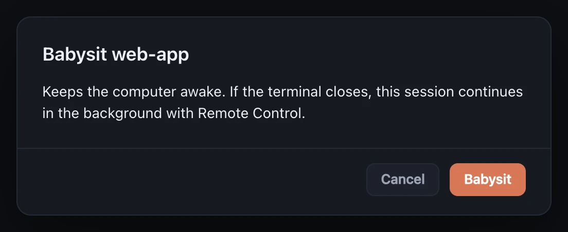 The Babysit dialog for a session called web-app.
