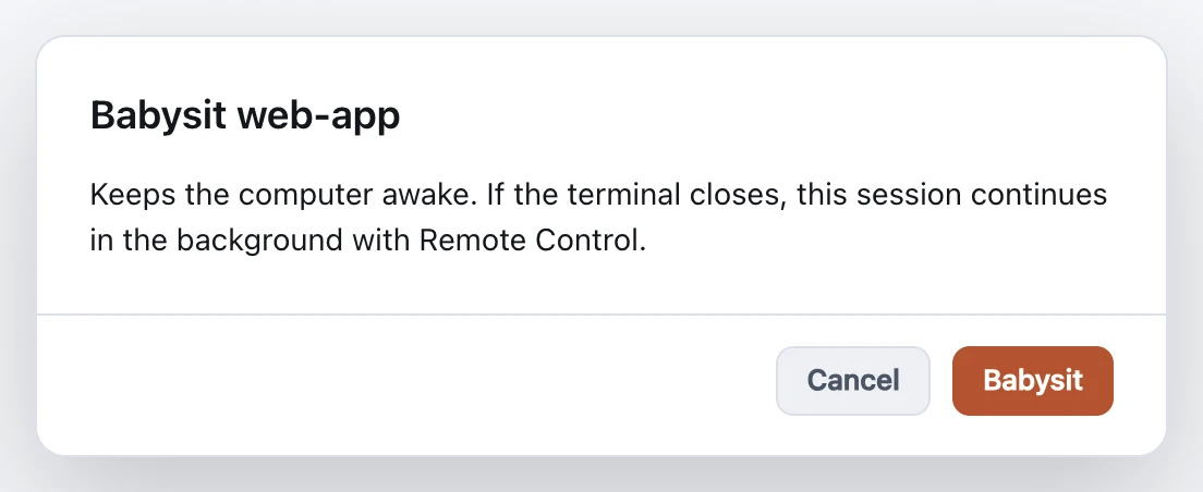 The Babysit dialog for a session called web-app.