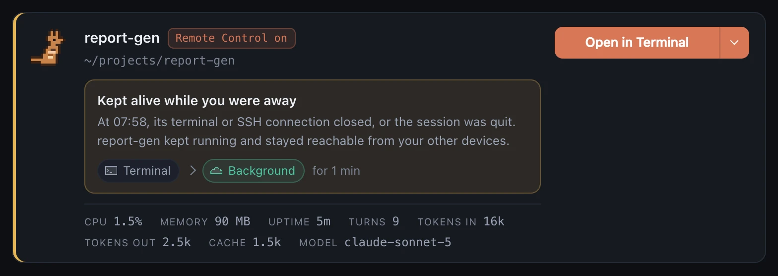 The card of a session called report-gen, kept alive after its terminal closed.