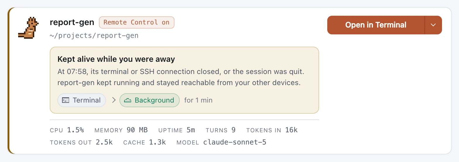The card of a session called report-gen, kept alive after its terminal closed.